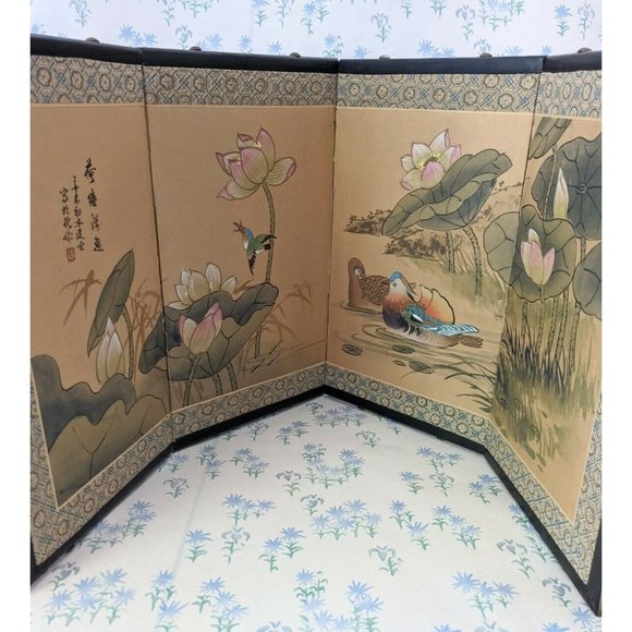 Vintage Asian Hand Painted 4 Panel Paper Screen